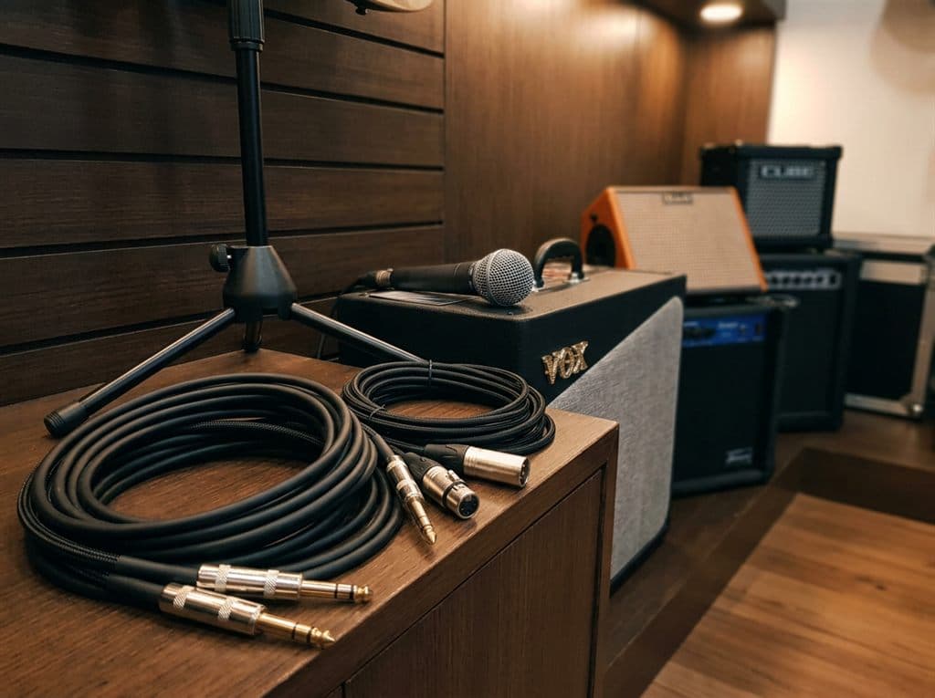 Cables, conectores y rack para equipos de sonido e iluminación