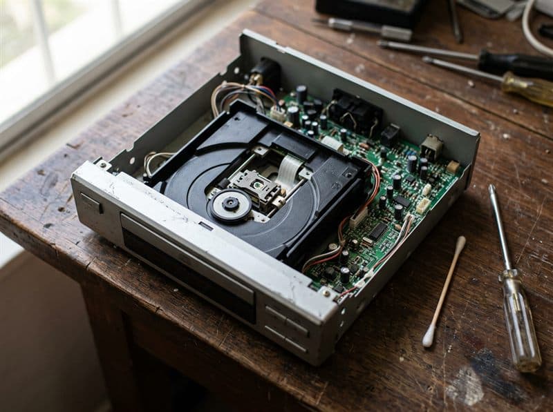 Reproductor de CD abierto durante la reparación de equipos audiovisuales