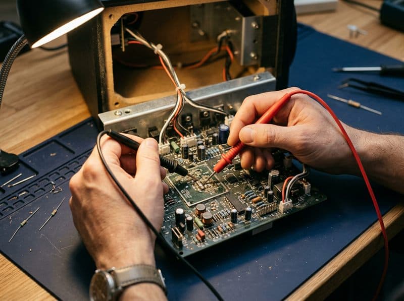Revisión con polímetro de la placa de un altavoz autoamplificado