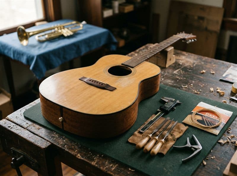 Guitarra acústica en el banco de trabajo del taller de reparación de instrumentos