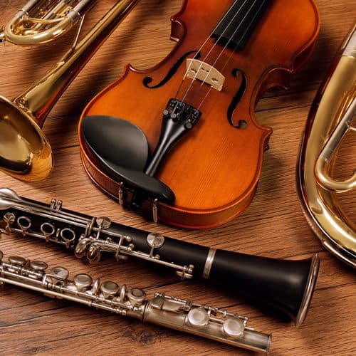 Violín, clarinete, flauta y trompeta a la venta en la tienda de música de Nigrán