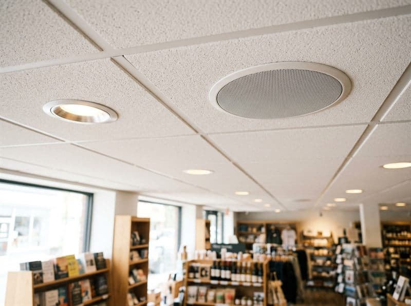 Altavoces de megafonía instalados en el techo de un local comercial